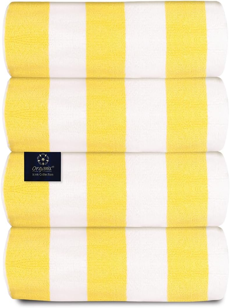 Organix Cabana Striped Beach Towel 30"x60", Large Highly Absorbent Pool Towels, Ringspun Cotton 4 Pack Bathroom Adult Luxury Beach Towels, Quick Dry Lightweight - Yellow