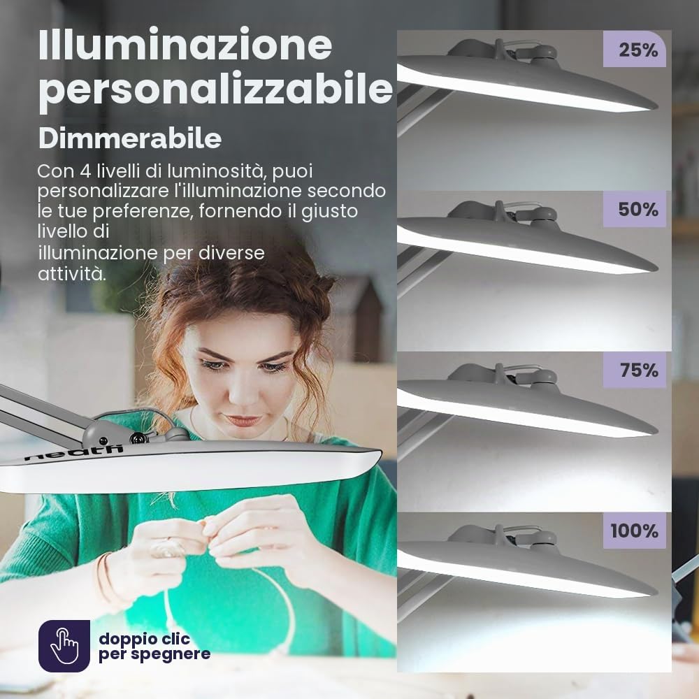 Neatfi XL Lampada da Scrivania LED 2200 Lumen 24W con Morsetto – Illuminazione Senza Ombre | 4 Livelli di Intensità | Ufficio Domestico e Hobby | Testa Larga 50 cm (Argento, Non-CCT con morsetto)