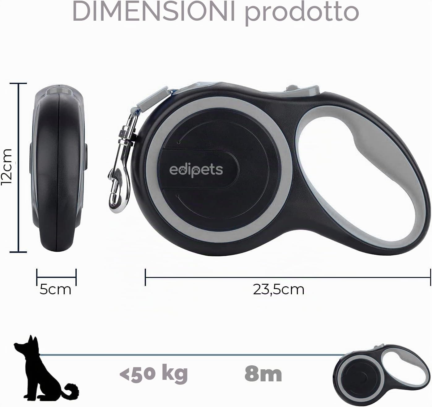 Edipets, Guinzaglio per Cani Allungabile, Retrattile, 5 e 8 Metri, Guinzaglio Flessibile per Addestramento e Passeggiate (Grigio, 8 metri)