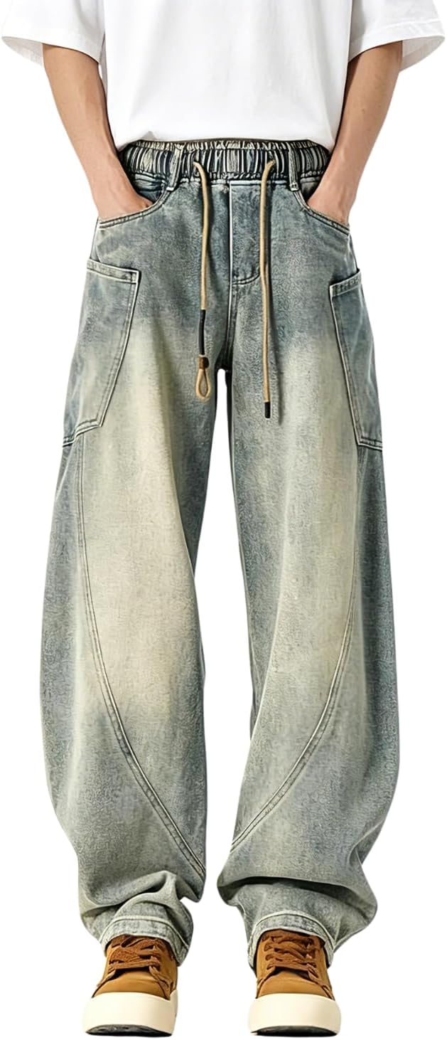 Baggy Jeans Men Elastic Waist Barrel Leg Pants Pull on Drawstring Jeans Grunge Streetwear Clothes