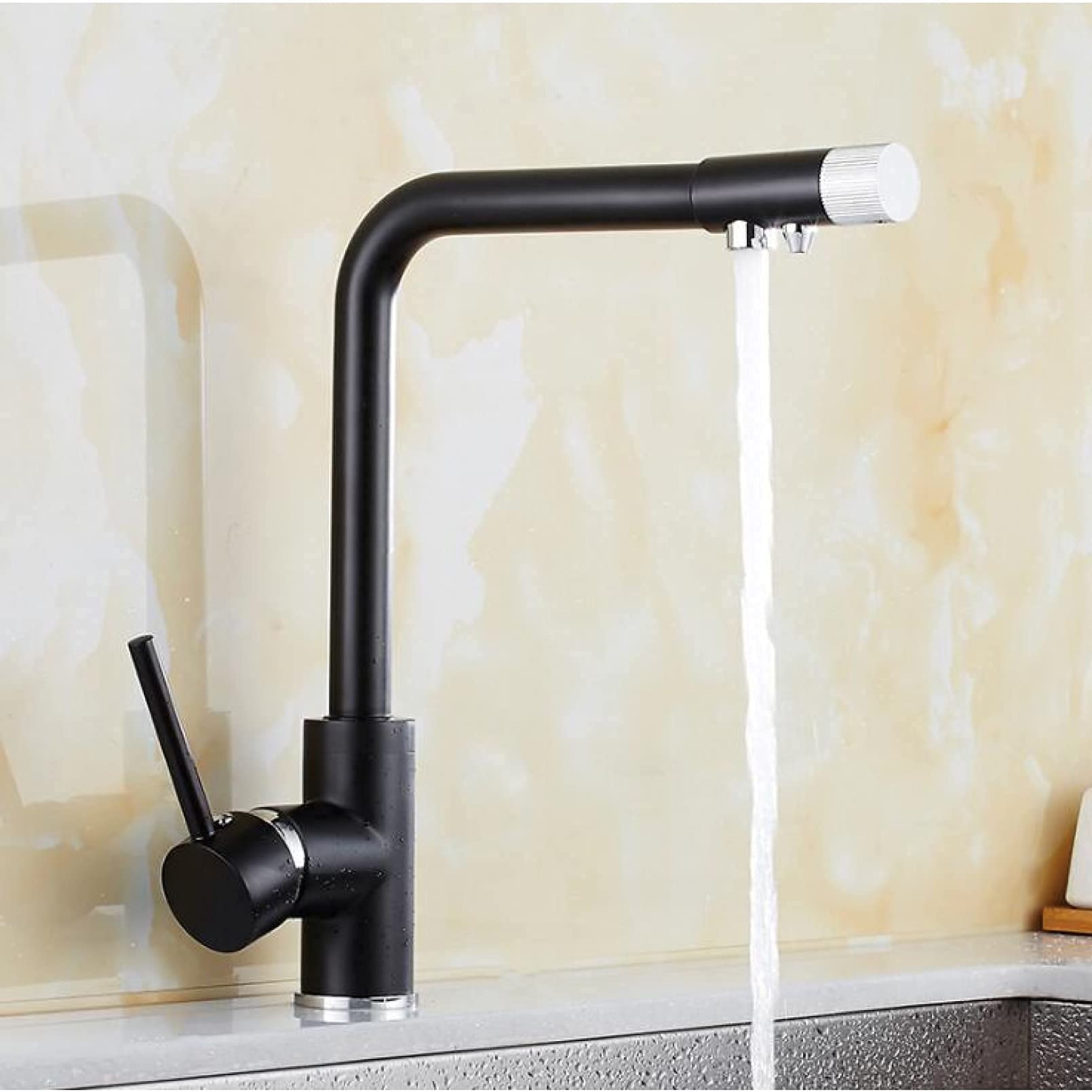 Robinet de cuisine mitigeur pivotant 360 noir chromé monotrou pour évier design