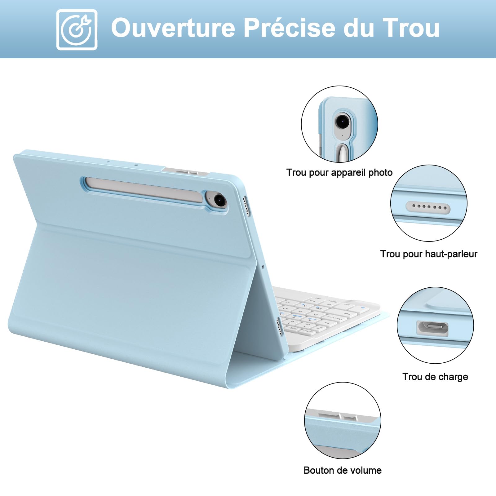 Coque Clavier pour Samsung Galaxy Tab S10 Lite S10 FE 2025/S9 FE 2023 10.9 Pouces, AZERTY Français Housse Clavier Bluetooth Détachable avec Porte Crayon pour Samsung Galaxy Tab S9 11" 2023, Bleu Ciel
