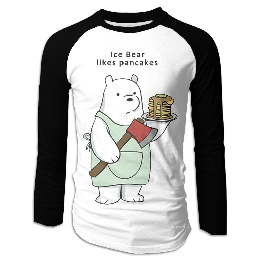 We Bare Bears Ice Bear Likes Pancakes Men Long Sleeve Plain Raglan T Shirts Black Apparel