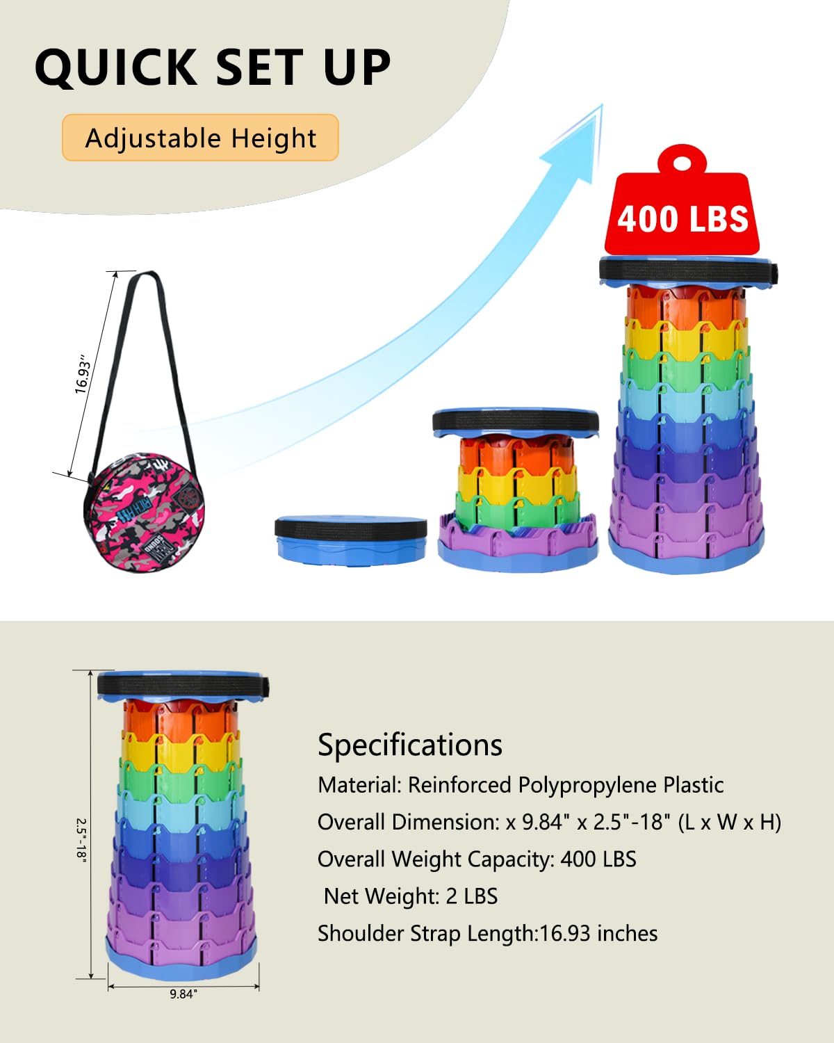 RizzQi Upgrade Collapsible Stool, Thickened Foldable Stool, Portable Folding Seat, Adjustable Height Retractable Stools for Fishing, Hiking, Camping, BBQ, Parties, Outdoor Activities, Rainbow Blue