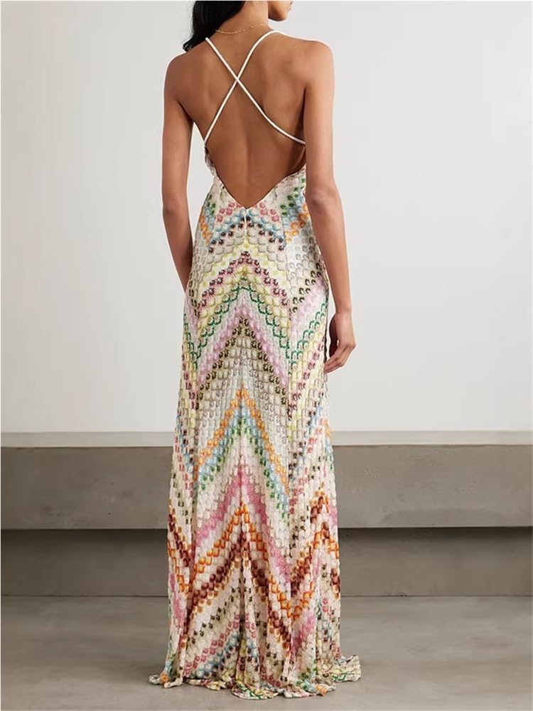Vestido maxi crochet halter espalda descubierta pico V playa fiesta L
