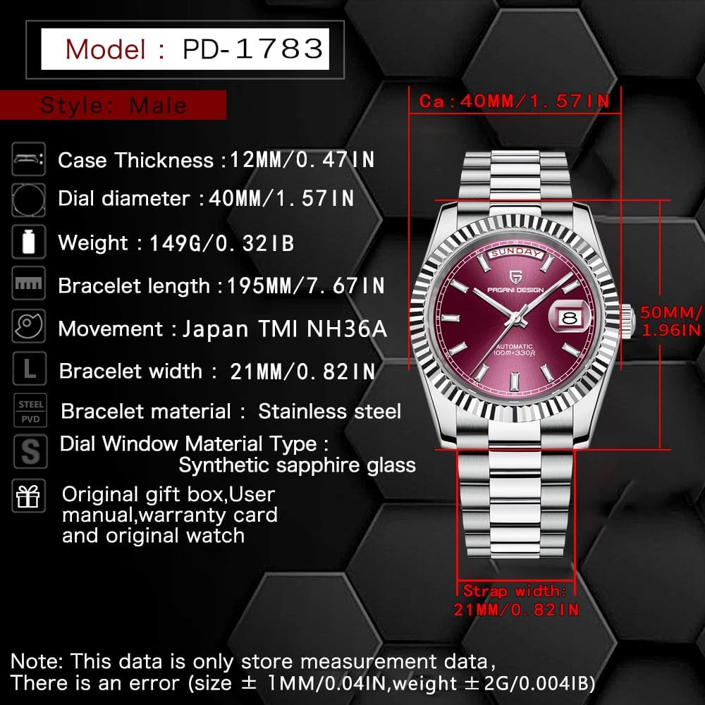 RollsTimi Pagani Design Men's Automatic Watch, NH36A Movement DD40 AR Sapphire Glass 100 Meter Resistant Men's Classic Casual Sport PD-1783 (Red AT-1783)
