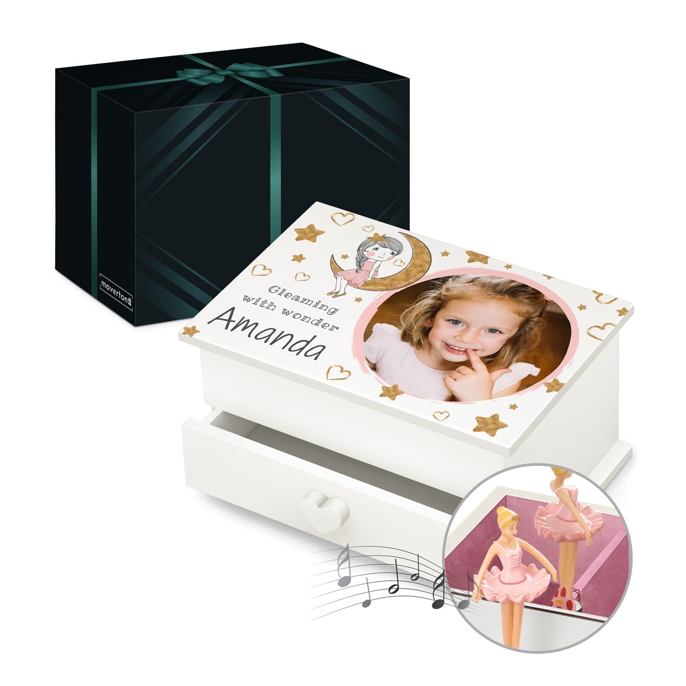 Maverton Personalised Ballerina Jewellery Box with Drawer - White Organiser for Women and Girls - Music Box Feature - Pink