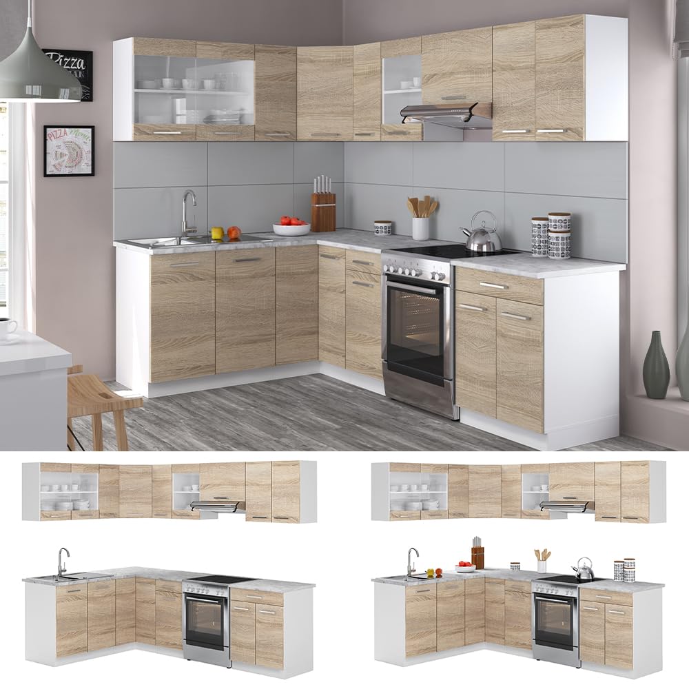 Vicco Eckküche Rick, Sonoma/Weiß, 247 x 167 cm | AP Marmor mit LED-Leisten, mit modularen Elementen flexibel erweiterbar und kombinierbar