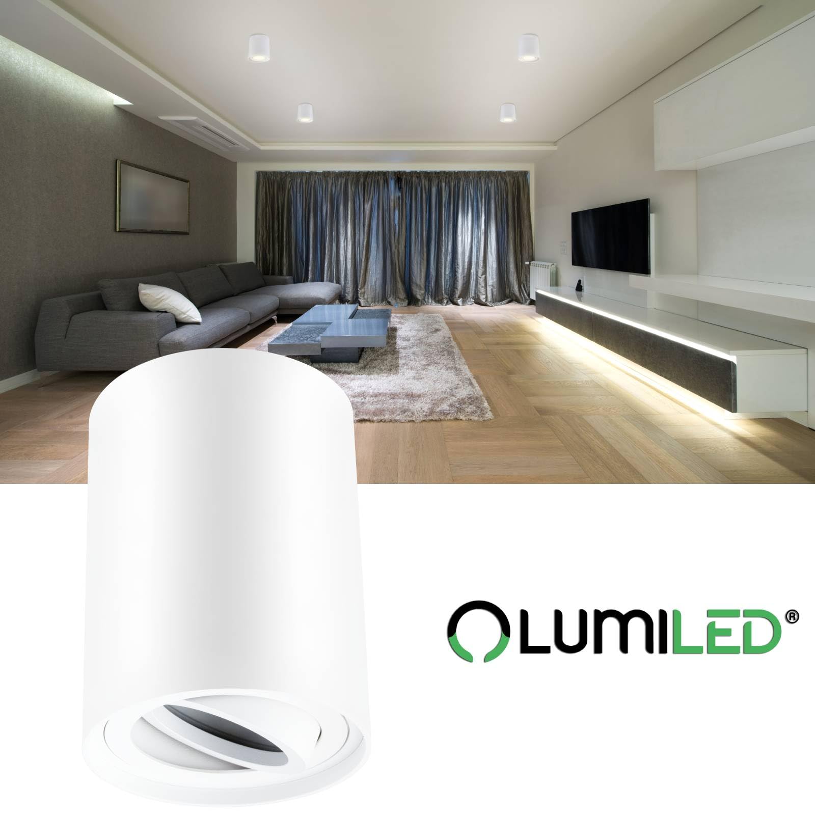 LUMILED Reflektor do zabudowy, natynkowa lampa sufitowa do zabudowy, okrągła, ruchoma15°, biała, reflektor punktowy z aluminium, oprawka GU10, 230 V, długość: 8,5 cm, wysokość: 11,5