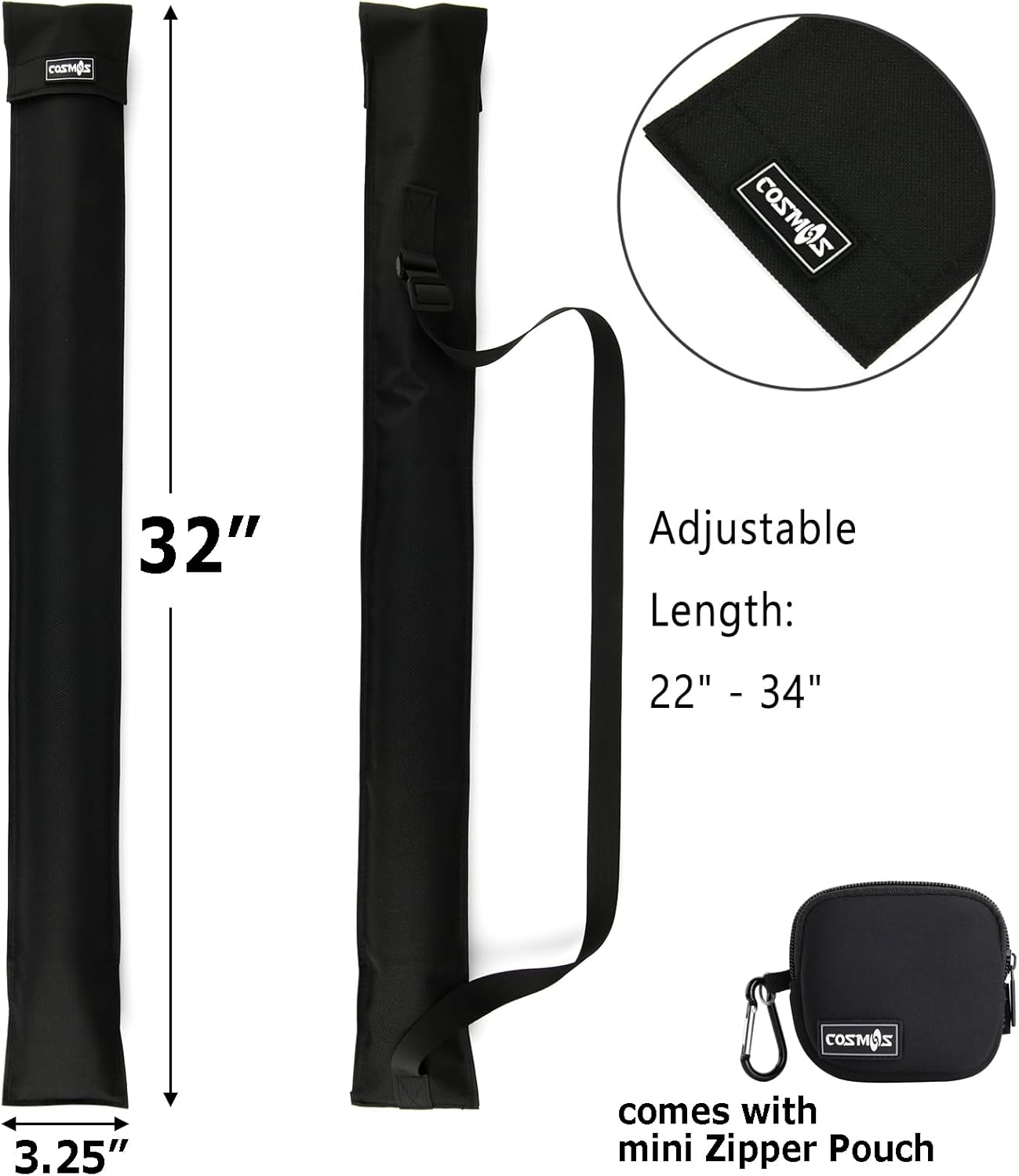 Cosmos Cue Stick Carrying Bag for 1/2 Billiard Stick Storage, 32 Inches Black Color, with Mini Zipper Storage Pouch