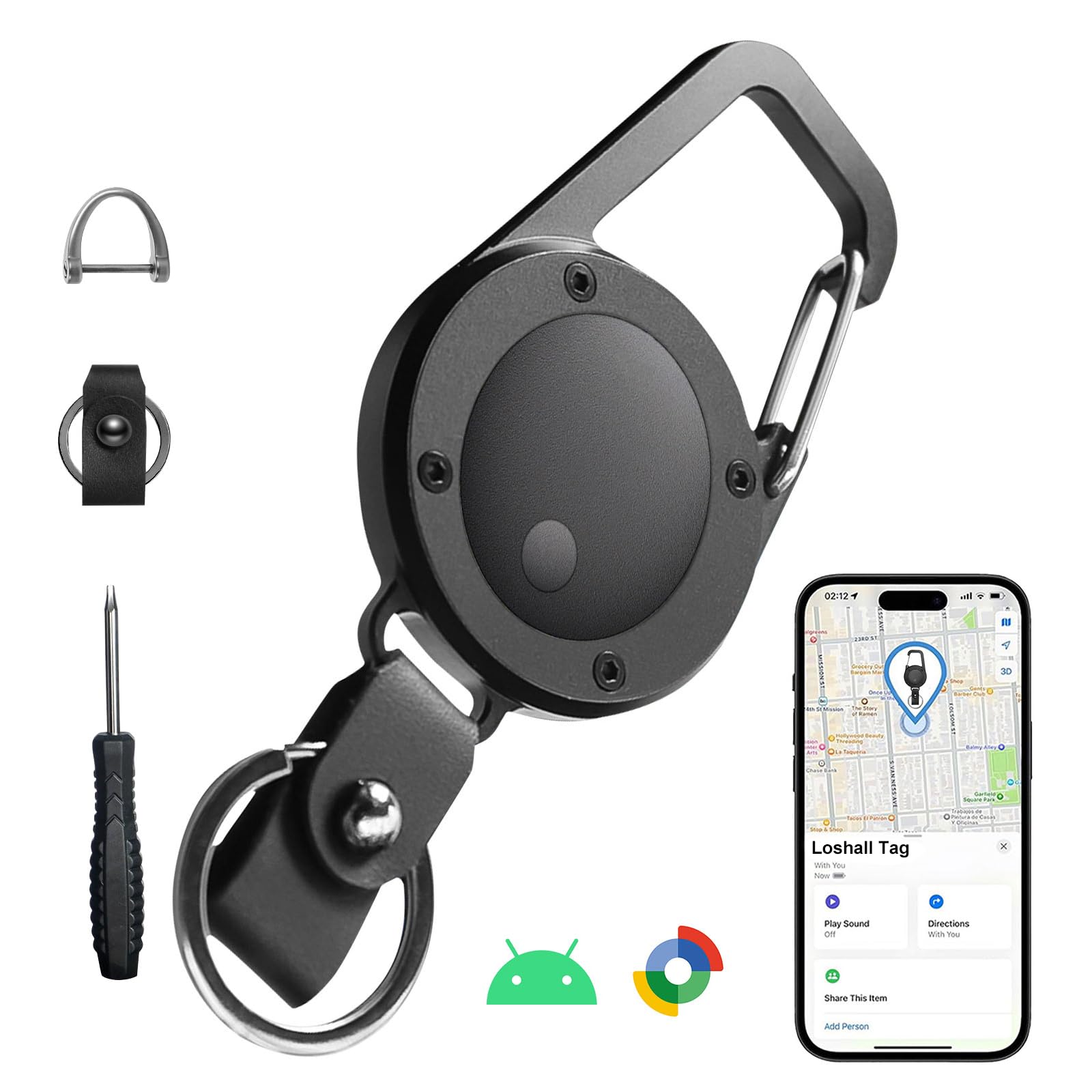 Keychain with Tracker for Android, Key Finder and Item Locator, Works with Google's Find My Device App, Heavy Duty Car Key Chain for Men (Black)