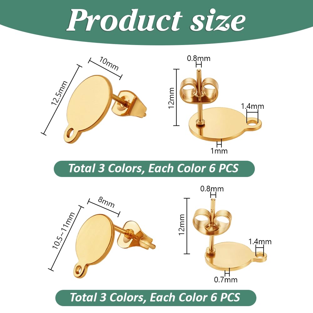 PH PandaHall 36pz Perni per Orecchino Tondo Piatto in Acciaio Inossidabile 3 Colori Oro/Oro Rosa/Silver