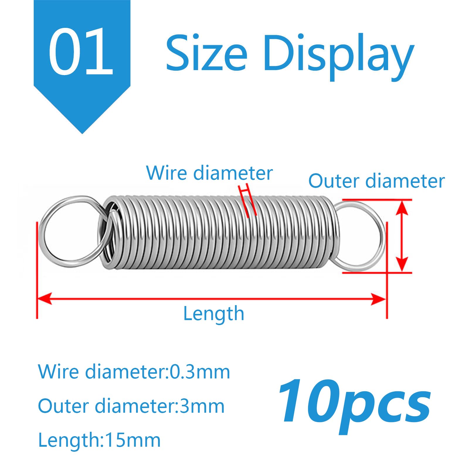 UpGBRF Extension Spring Stainless Steel Dual Hook Tension Springs Suitable for Mechanical Equipment, Wire Diameter 0.3mm, 10Pcs,Length:15mm