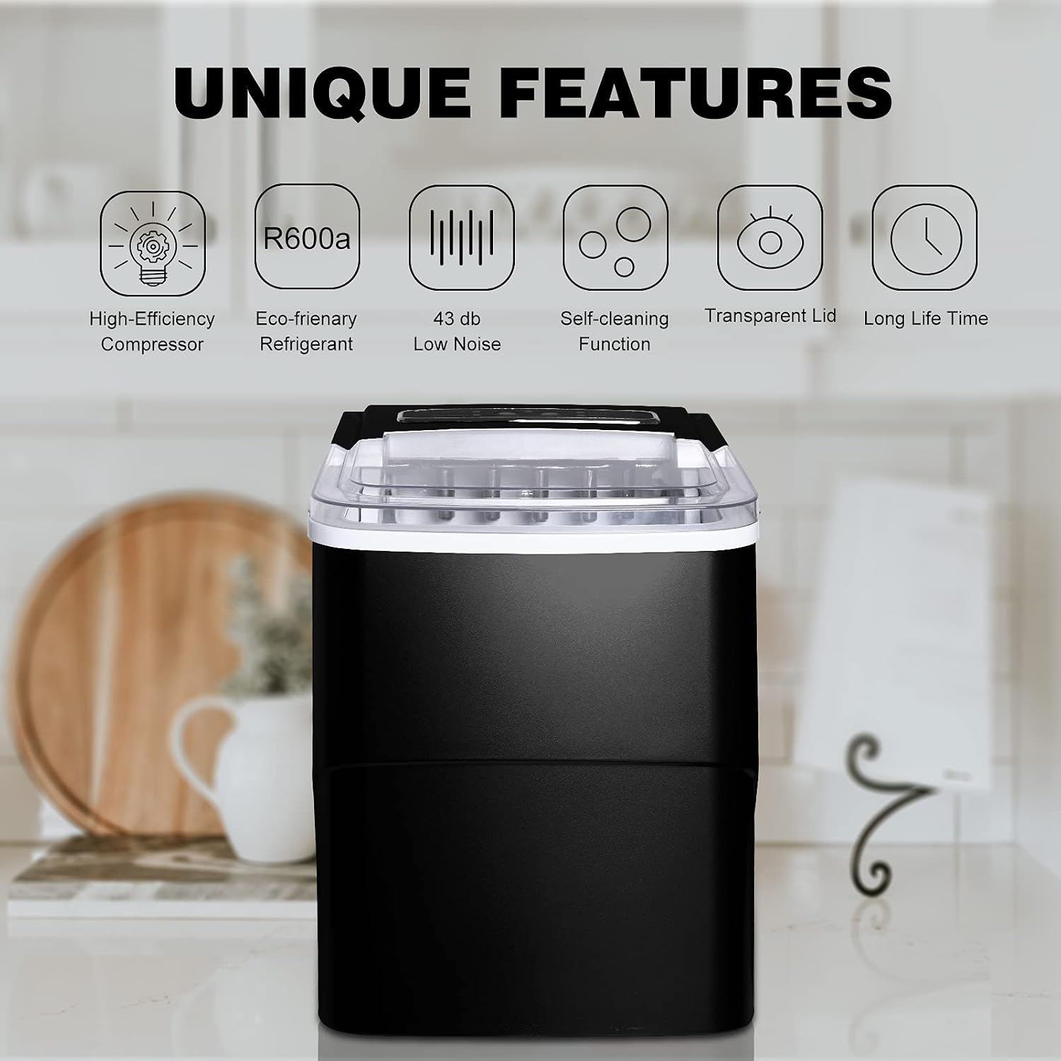 FEANOR Compact Countertop Ice Maker with Self-Cleaning Function, Portable Electric Ice Makers Machine 9 Cubes Ready in 6-8 Minutes Mini Ice Machine Perfect for Home/Kitchen/Bar, Tools Inccluded