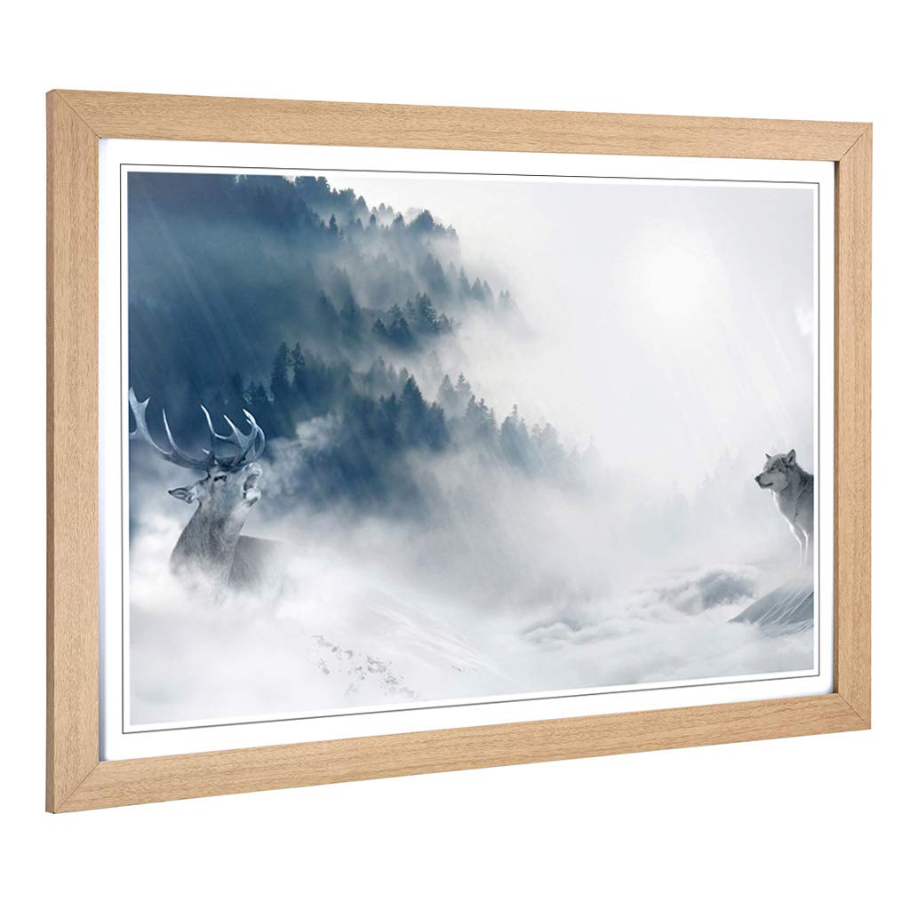 Big Box Art Framed Print of Wolf and Stag Forest Landscape Design | Wall Art Picture | Home Decor for Kitchen, Living, Dining Room, Bedroom, Hallway, Office, Oak, A2 / 24.5x18 Inch / 62x45cm