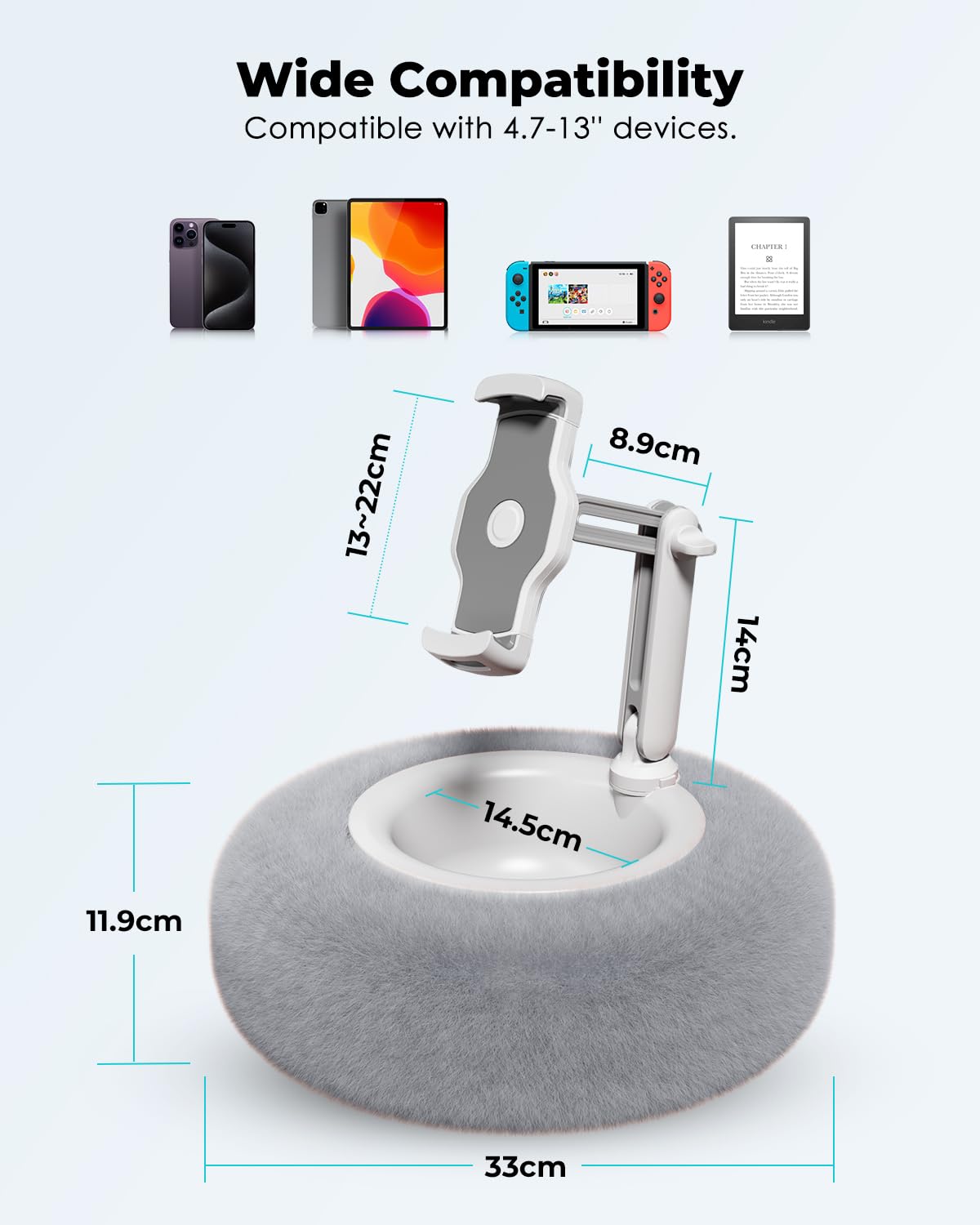 Viozon Soporte para tablet con almohada, soporte para Kindle, compatible con teléfono/tableta de 4.7 a 13 pulgadas, iPad, iPhone, Google, Kindle, soporte de teléfono ajustable de 360° para cama con