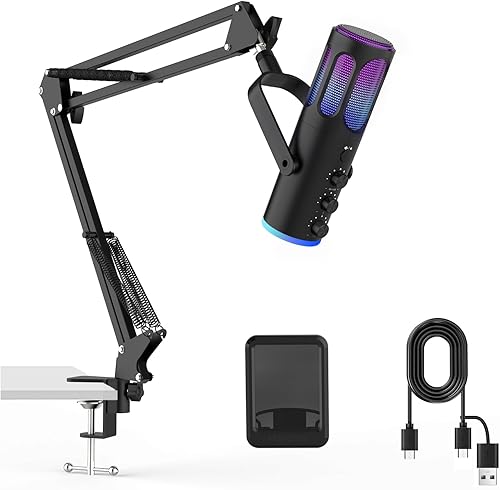 Micrófono para juegos, micrófono de condensador USB para PC, PS45 y Mac, micrófono de computadora con cancelación de ruido con silencio,