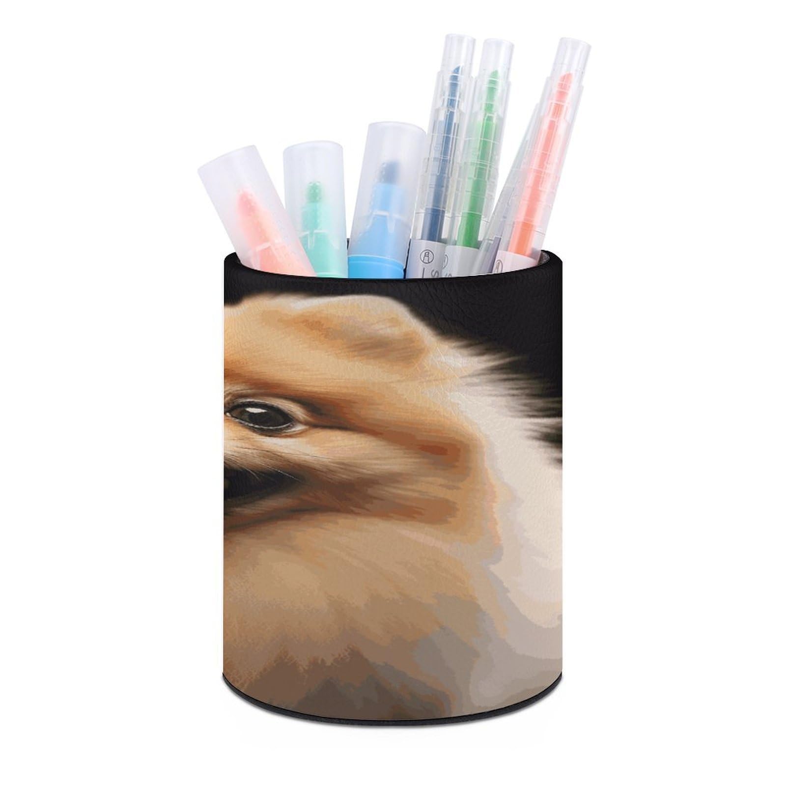 LDGSUPH Pomeranian Round Pen Holder Leather Pen Cup Pencil Cup Pen Organizer Pencil Holder for Desk Organizer Pencil Organizers Makeup Brush Holders for Home Office Gift
