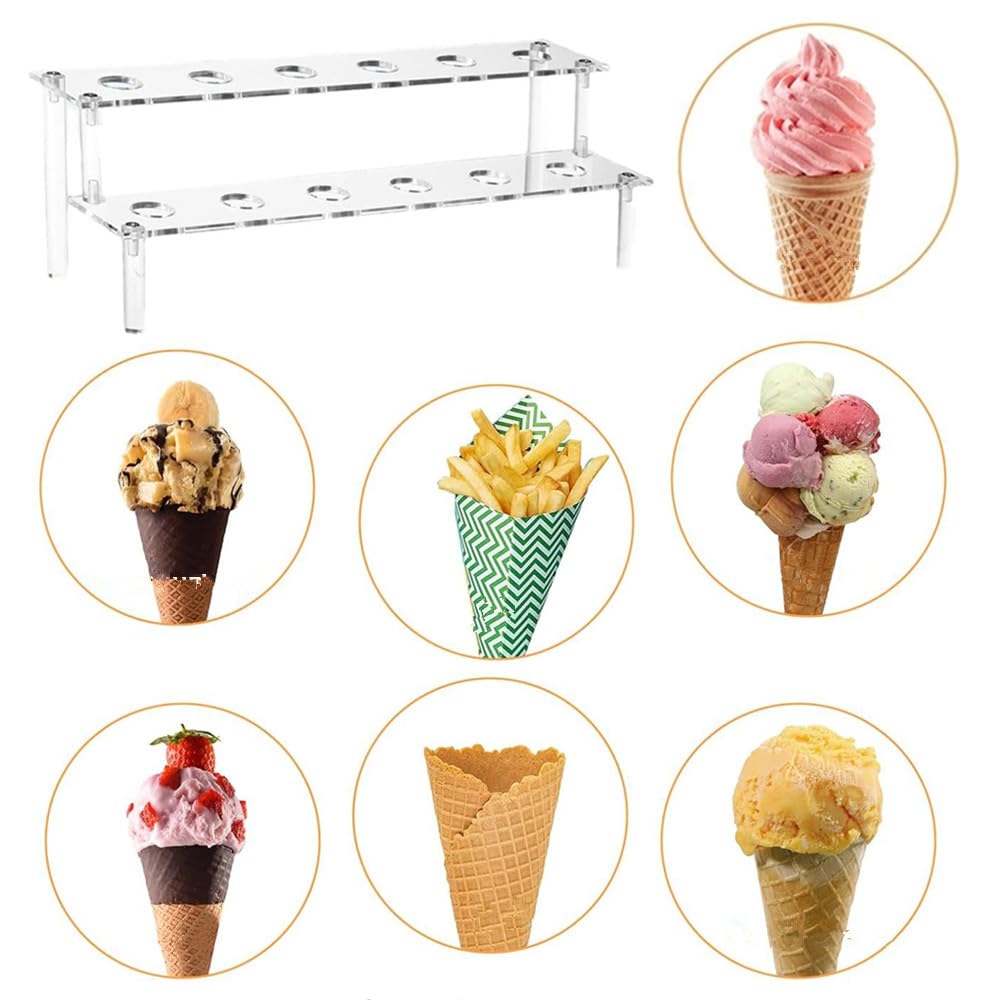Supporto per coni gelato trasparente Wanfoou, supporto acrilico per coni gelato con 12 fori, supporto a due livelli in acrilico per cupcake, popcorn, ristorante, zucchero, festa o buffet