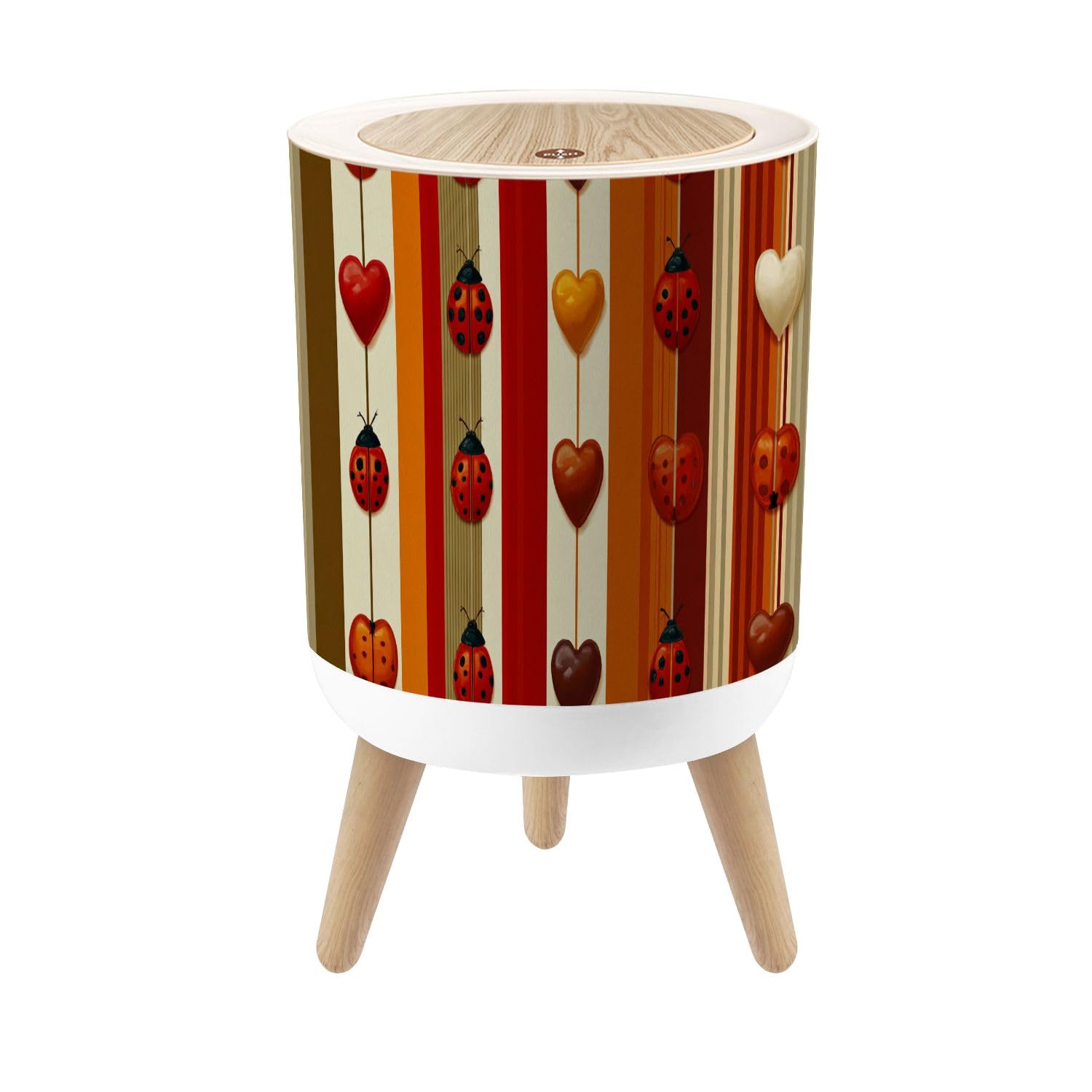 Bathroom Trash Can with Lid Cute Ladybird Hearts Nursery Fabric Stripes Garbage Bin Waste Basket for Kitchen Office Bedroom Decoration Diaper Pail 1.8 Gallon