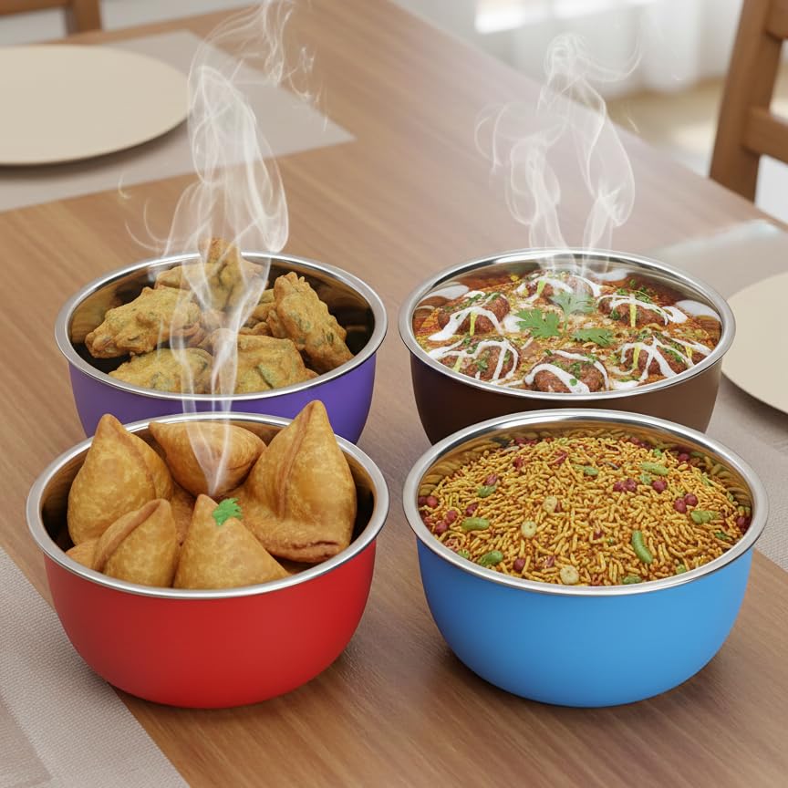 Image of Zaib Microwave Safe Stainless Steel Food Storage Bowl with Lid | Snack Serving Cooked Food Storage Container for Kitchen Capacity- 500 ML Each (Multicolor White Lid)