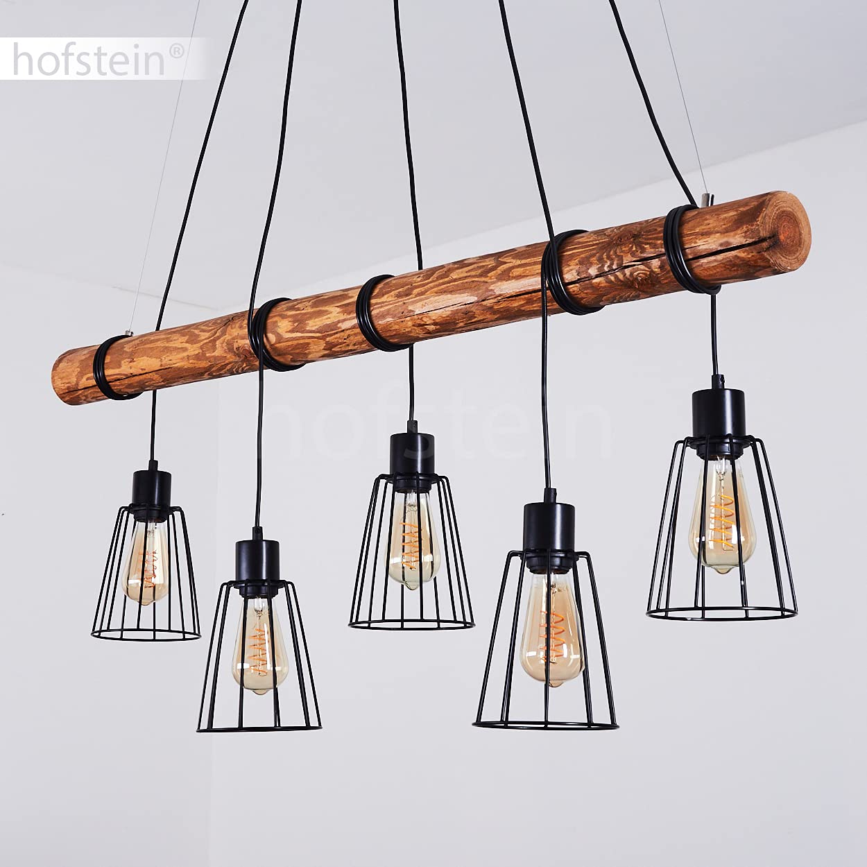 Lampa wisząca Canedo, 5-lampowa lampa wisząca z metalu/drewna w kolorze czarnym/brązowym w stylu skandynawskim, lampa wisząca z drewnianym prętem i kloszami w kształcie kraty, 5 x E27, bez żarówek