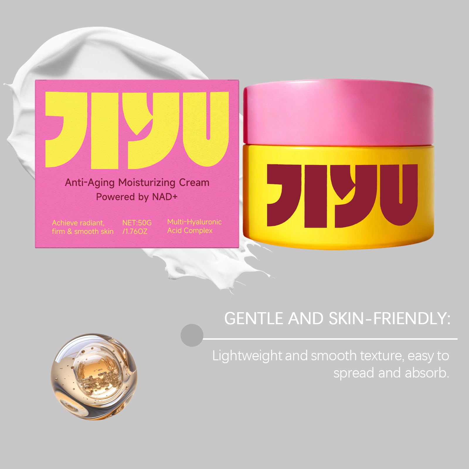 Crema Hidratante Antiedad Jiyu (50 g) – Contiene NAD+ y un complejo de ácido hialurónico. Crema facial hidratante y reafirmante para una piel radiante y suave.