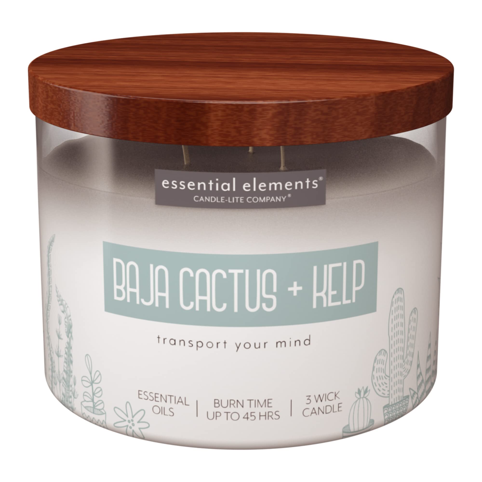 Essential Elementsby Candle-lite Scented Candles, Baja Cactus & Kelp Fragrance, One 14.75 oz. Three-Wick Aromatherapy Candle with 45 Hours of Burn Time, Off-White Color