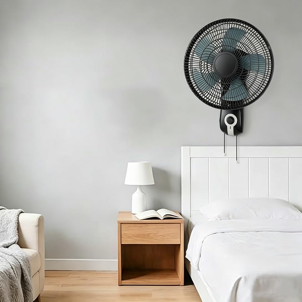 Genérico Ventilador de Pared Industrial Oscilante Interruptor por Cadena | 3 Velocidades, Oscilación de 90°, Cabezal Inclinable, 5 Aspas, Flujo de Aire Potente