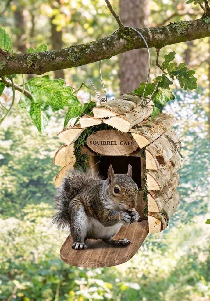 New Woodland Inspired Squirrel Café Cabin Feeder – Rustic Natural Wood Hanging House with Covered Roof and Front Tray for Attracting Squirrels to Gardens and Outdoor Decor-A81