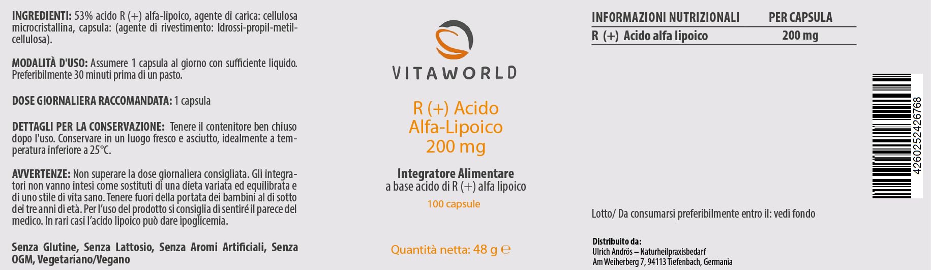 Vita World R (+) Acido Alfa Lipoico 200mg 100 Capsule 100% modulo R + elevata biodisponibilità Vegano Made in Germany