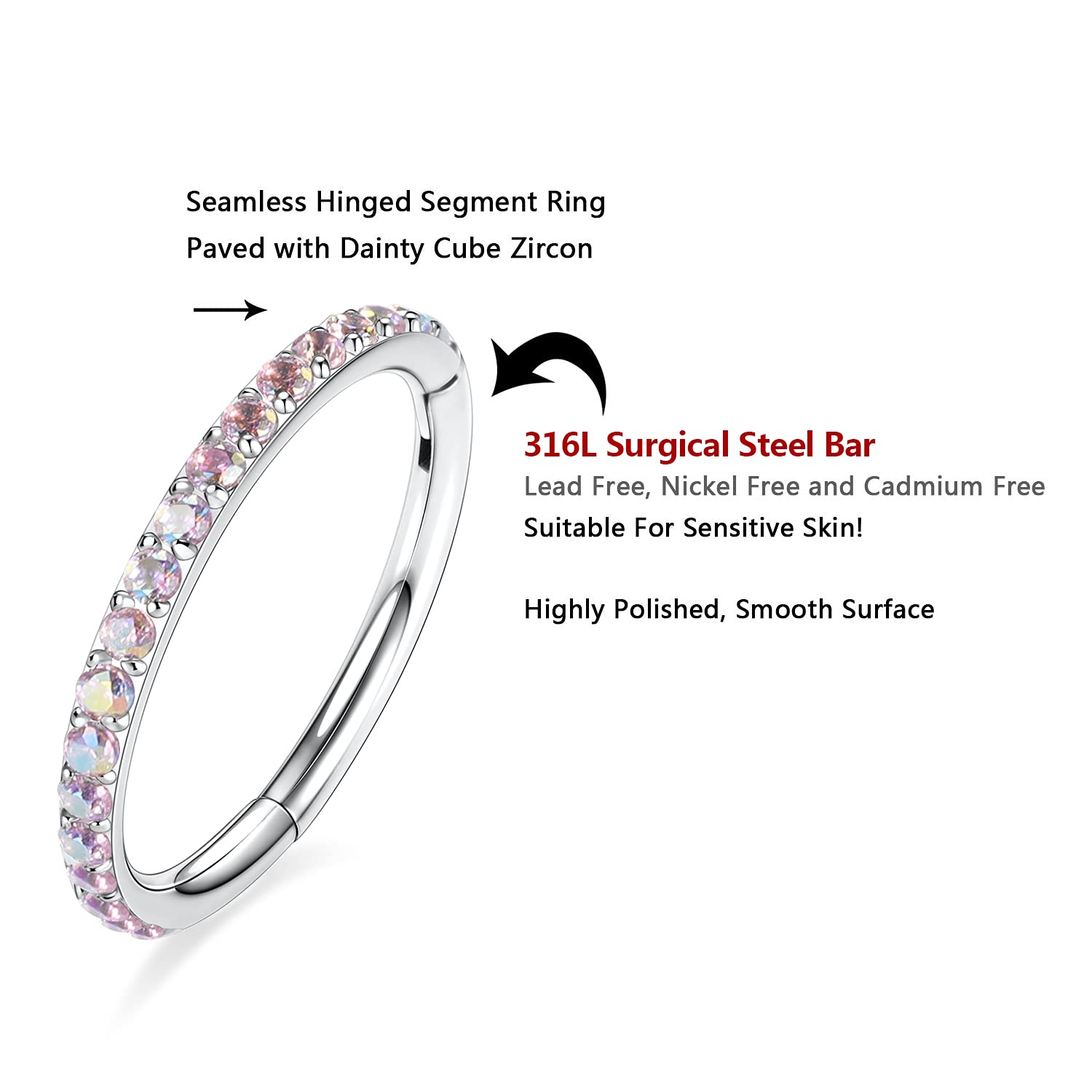 AROWRO Rook Piercing Daith Piercing Tragus Piercing Helix Piercings Septum Piercing Nasenpiercing Ring Conch Piercing Chirurgenstahl Zirkonia Hoop 16g 8mm Silber - 3