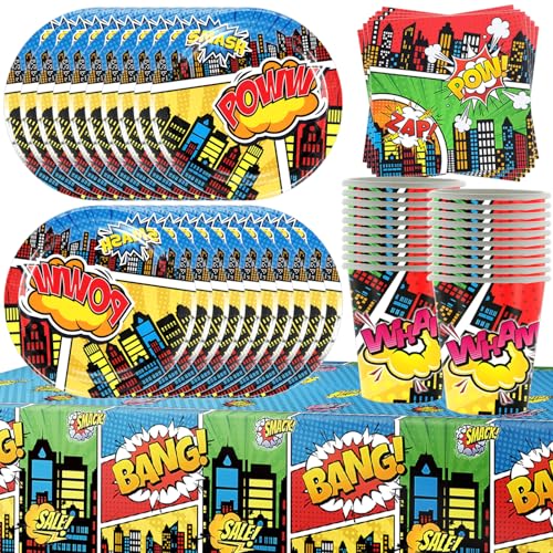Vaisselle de fête super-héros de ville pour anniversaire d'enfants et goûter thématique