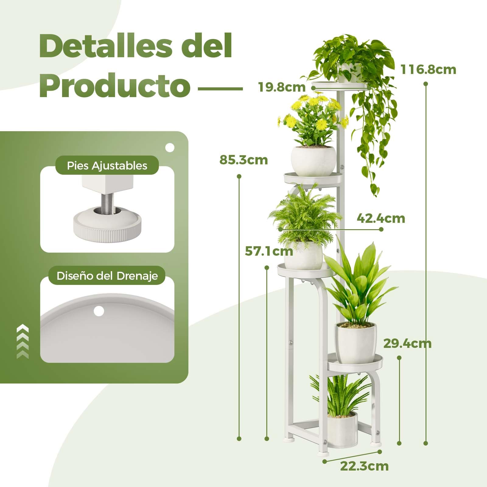 Bamworld Soporte para plantas de exterior e interior, soporte de hierro, soporte para plantas, estante para plantas de balcón (blanco) (22,3 x 22,3 x 116 cm)