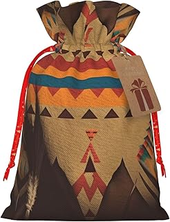 RLDOBOFE Native American Christmas Gift Bags Drawstring Goody Gift Bags with Tags Xmas Candy Bags Reusable Gift Wrapping Bags Santa Bag Holiday Party Favors Bags