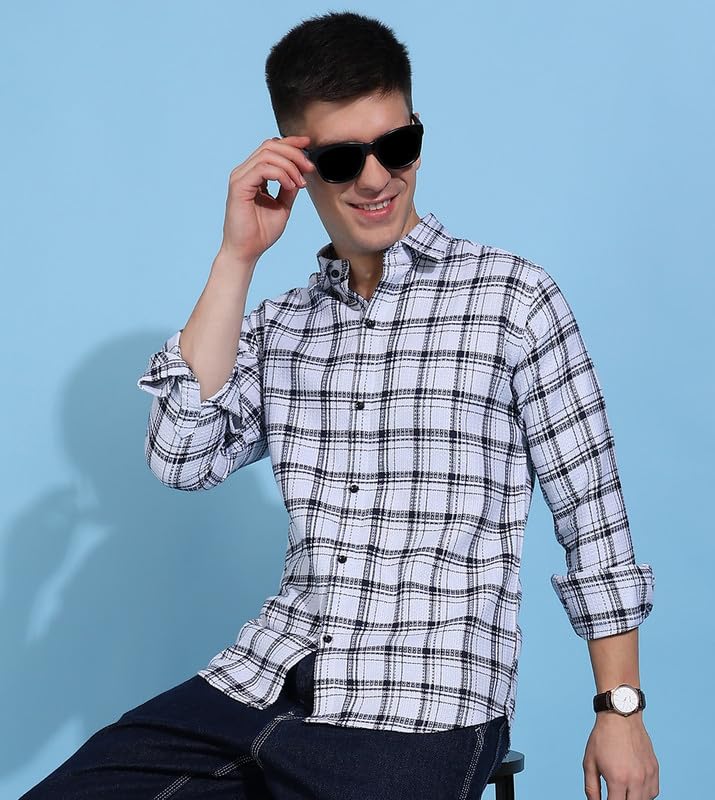 Image of MiraMichi Men's Pure Cotton Blue Checkered Full Sleeve Shirt - Regular Fit, Casual Wear, Comfortable and Stylish Design