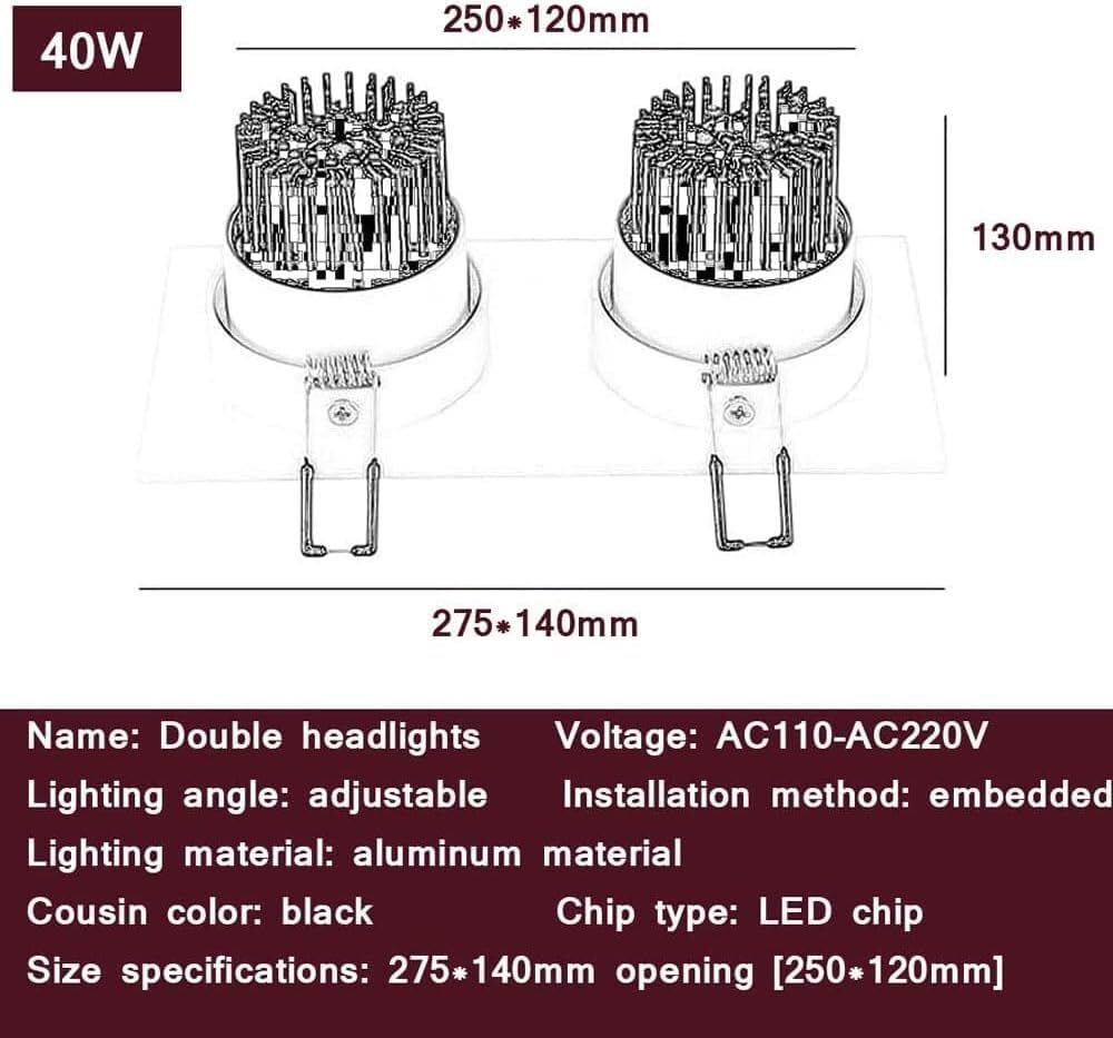 Lampada da soffitto da incasso, faretto da incasso rettangolare nero, lampade retrofit a doppia testa(10w,3000K)