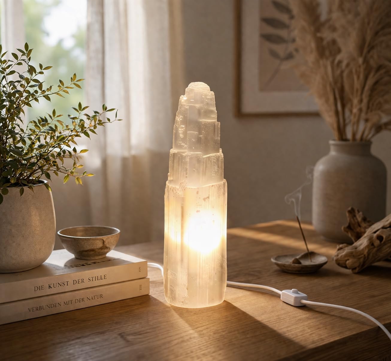 Lámpara de Torre de Selenita, Grande, Blanco Natural, Curación, Claridad y Meditación, Lámpara de Mesa de Cristal, Piedra Preciosa, Regalo, Mineral, Decorativo (35 cm)