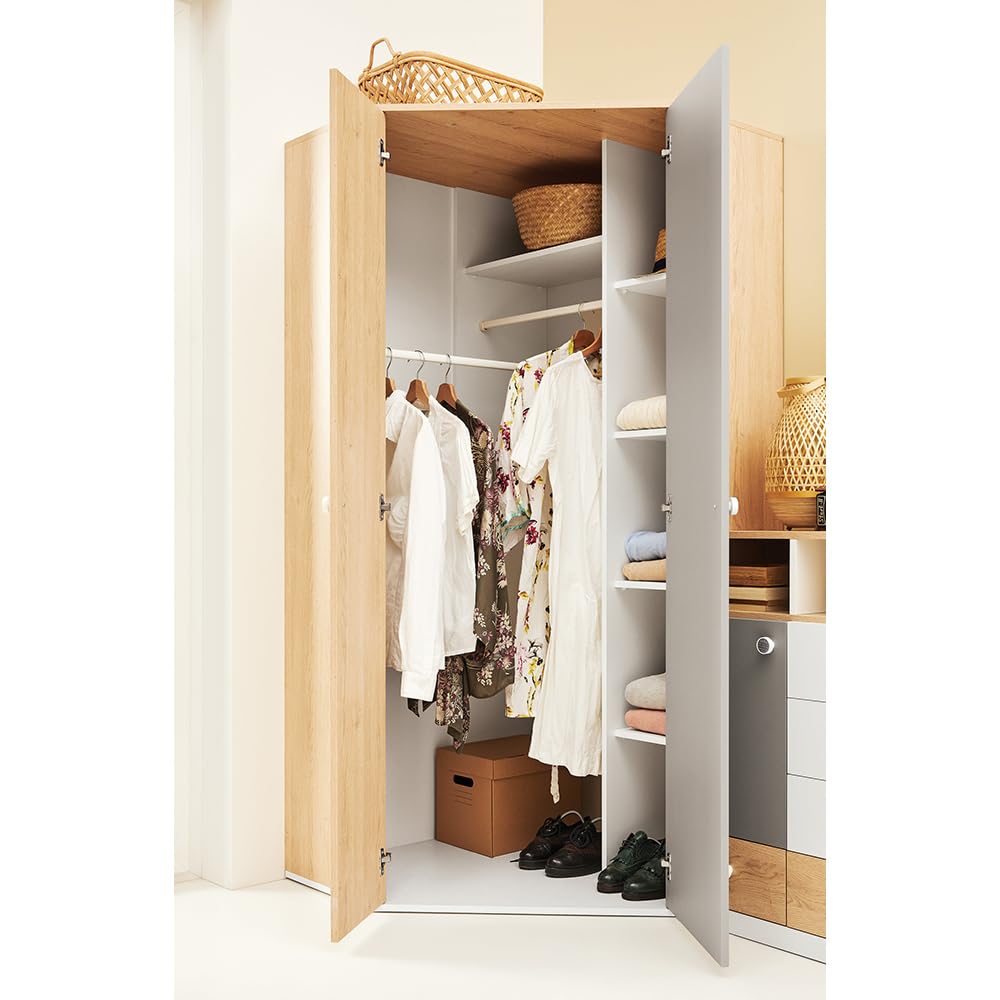 Lomadox Kinderzimmer Jugendzimmer Set in Eiche mit weiß und grau, 4-teilig, Schreibtisch, Wandboard, Standregal, Kleiderschrank