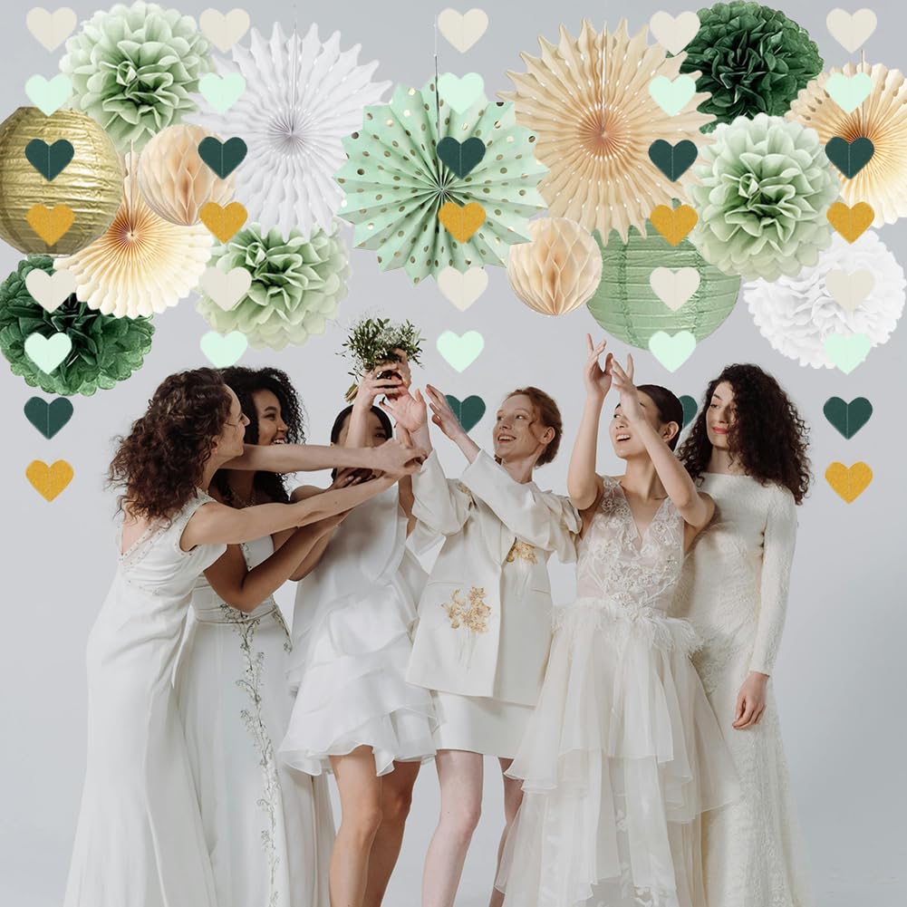 Sage Green Party Decorations Sage Green White Gold Party Decorations Paper Pom Poms Paper Fans Lanterns Sage Beige Gold Love Heart Garland for Birthday Baby Shower Wedding Bridal Shower Party Decor