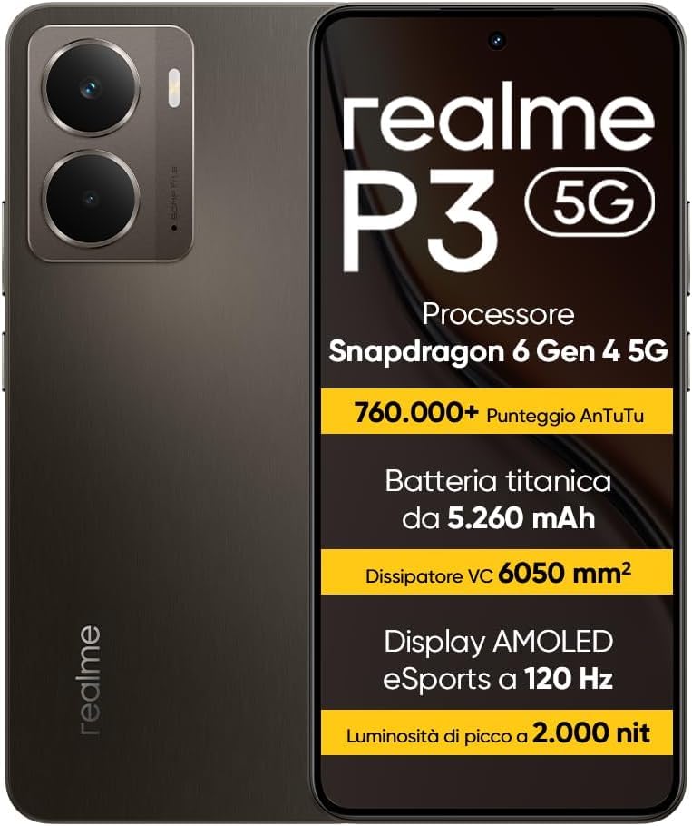 realme P3 5G Smartphone 12+512 GB, Procesador 5G Snapdragon 6 de 4.ª generación, Batería Titan de 5260mAh, Carga rápida de 45W, Pantalla AMOLED de 120 Hz, IP69, Gris