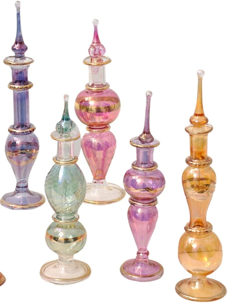 CraftsOfEgypt Genie geblazen glas miniatuur parfumflessen voor parfums en etherische oliën, set van 5 decoratieve flesjes, elk 4″ hoog (12cm), verschillende kleuren