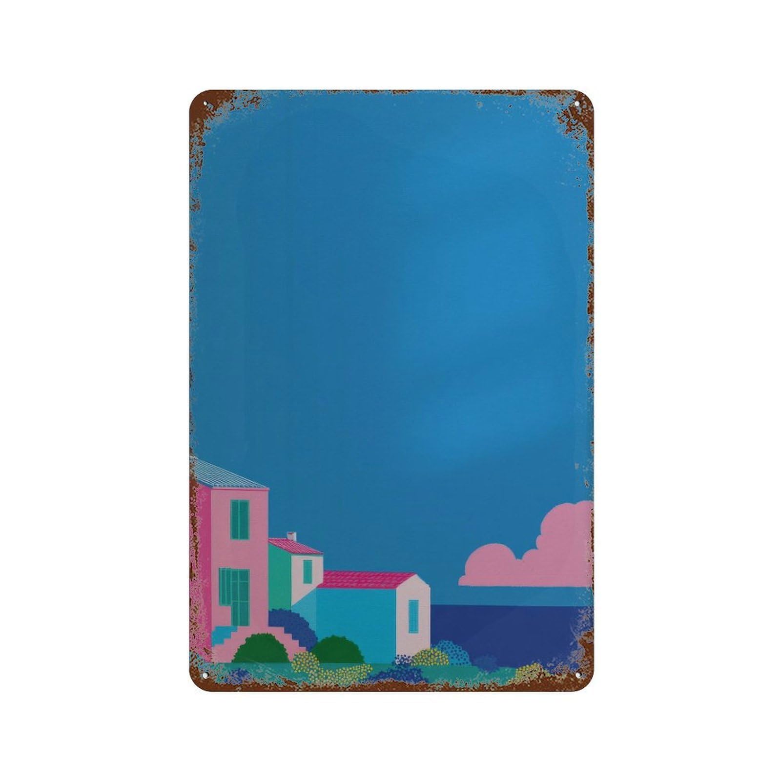 xiaoxiaoshen Minimal Coastal Modern Landscape Pop Blue And Pink Decor. Playful Home Decor Wall Decor Art Metal Tin Poster Modern Home Decor Art Home Bar Shop Decorations Vintage Sign 30x20cm