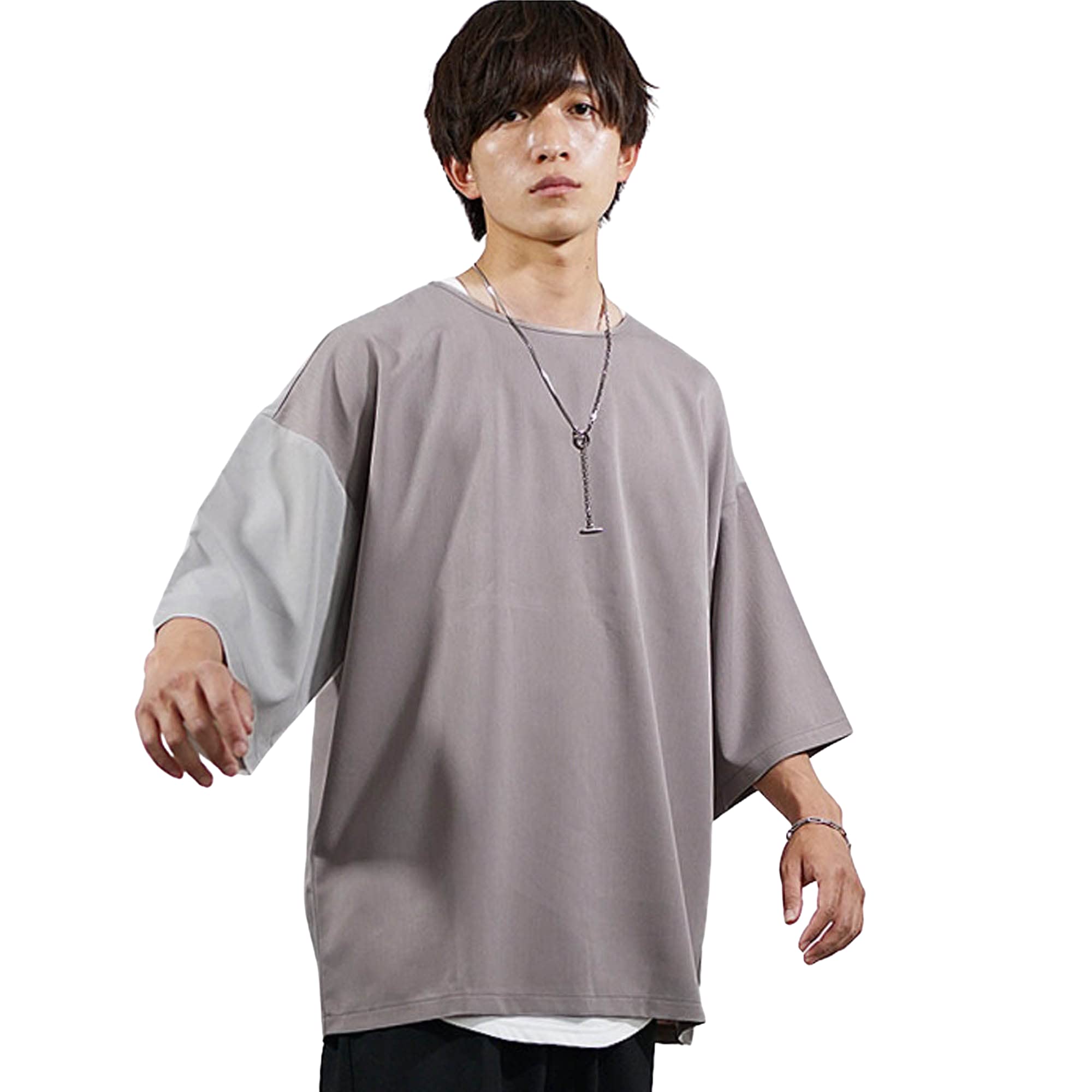 ハンパ袖 切替Tシャツ ゆったり 【オーバーサイズシルエット】メンズ 6分袖 7分袖 ビッグシルエット カットソー ルーズフィット ビッグT マイノリティ (ジョーカー)