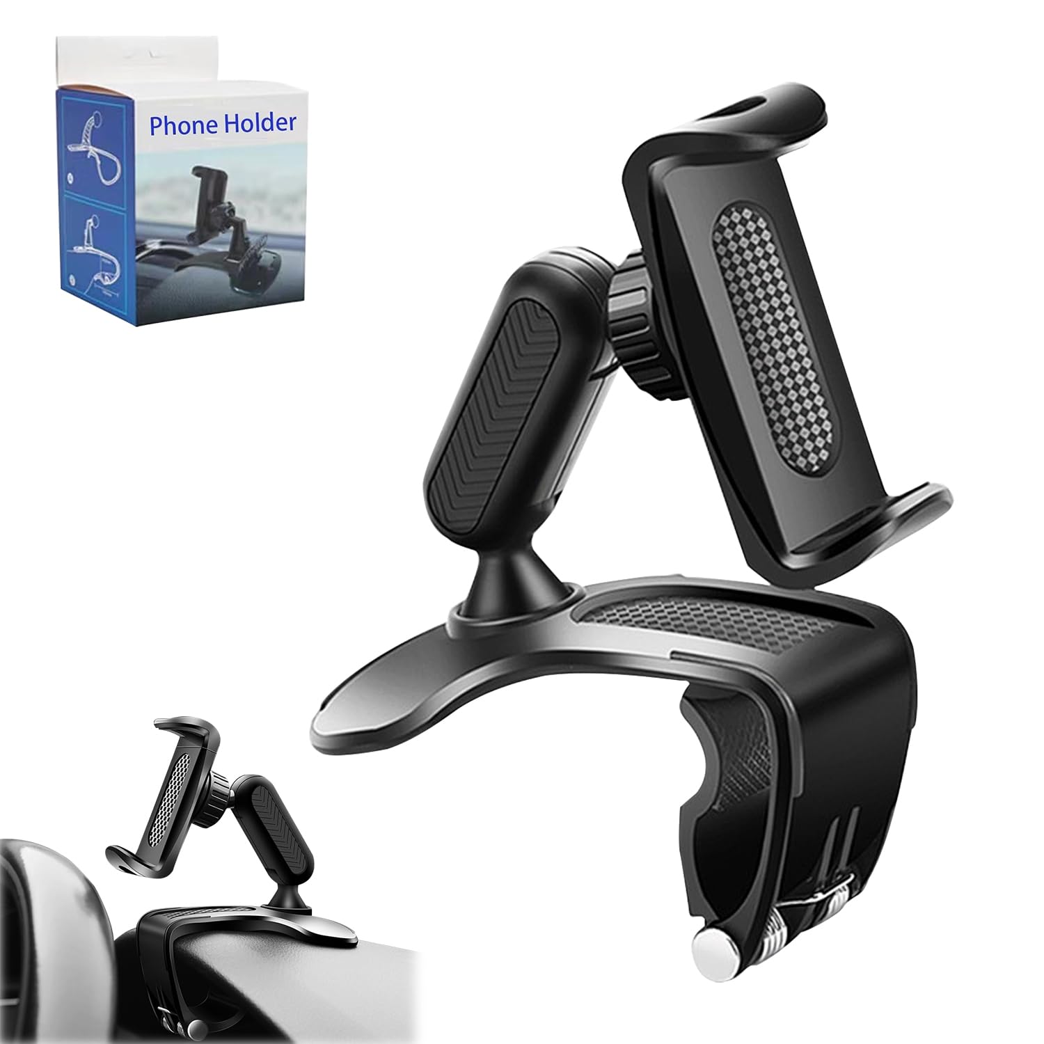 Phone Holder, Strong Grip Universal 360° Dashboard Car Mount, Super Stable Adjustable Clip Phone Cradle, Fits 4”–7” Phones