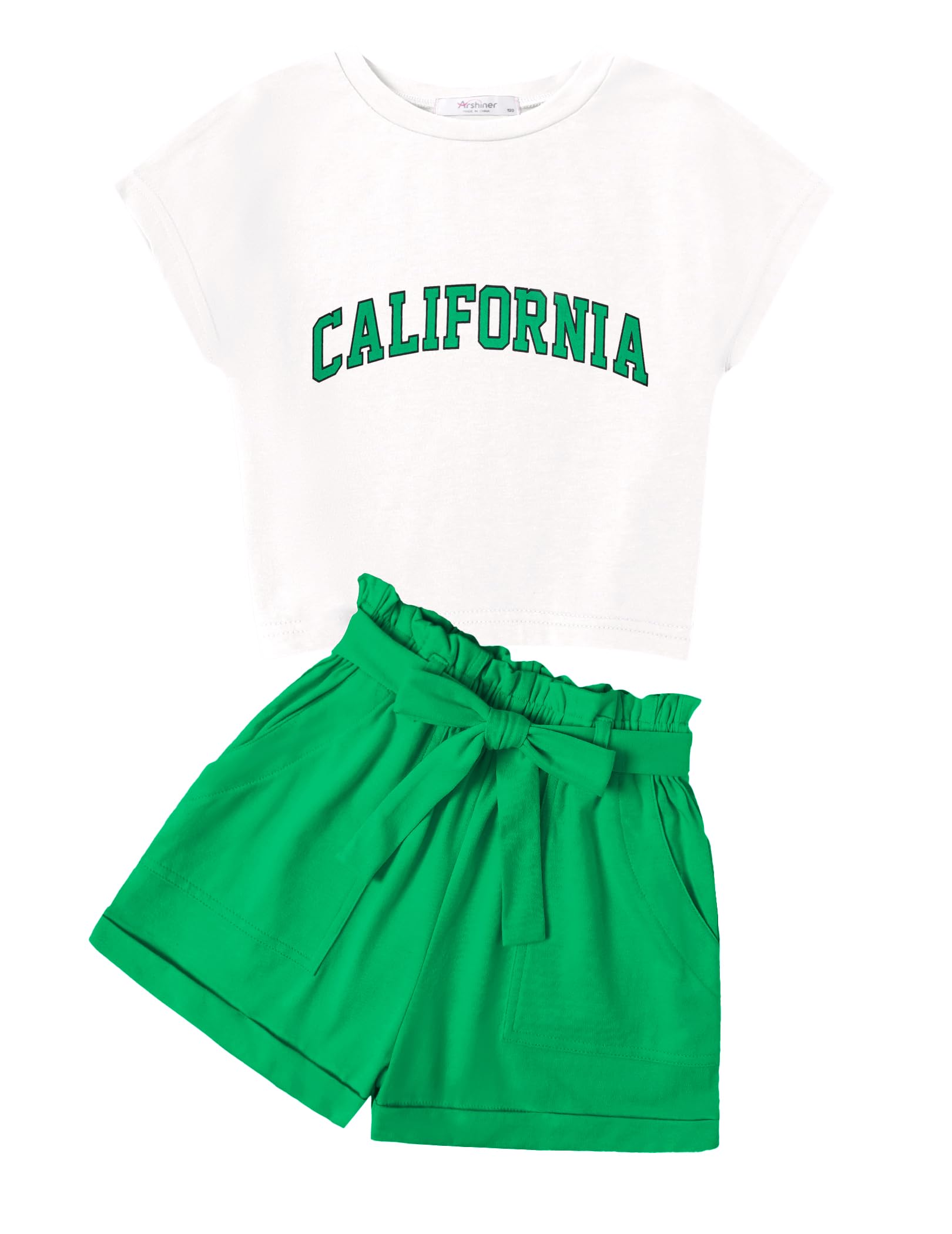 Arshiner Girls 2 Piece Outfit Drop Shoulder Sleeve Tops Paperbag Shorts Set | Summer Clothes, for 6-14 Years, Crew Neck, Hight Waist, Cute Clothing, with Pockets