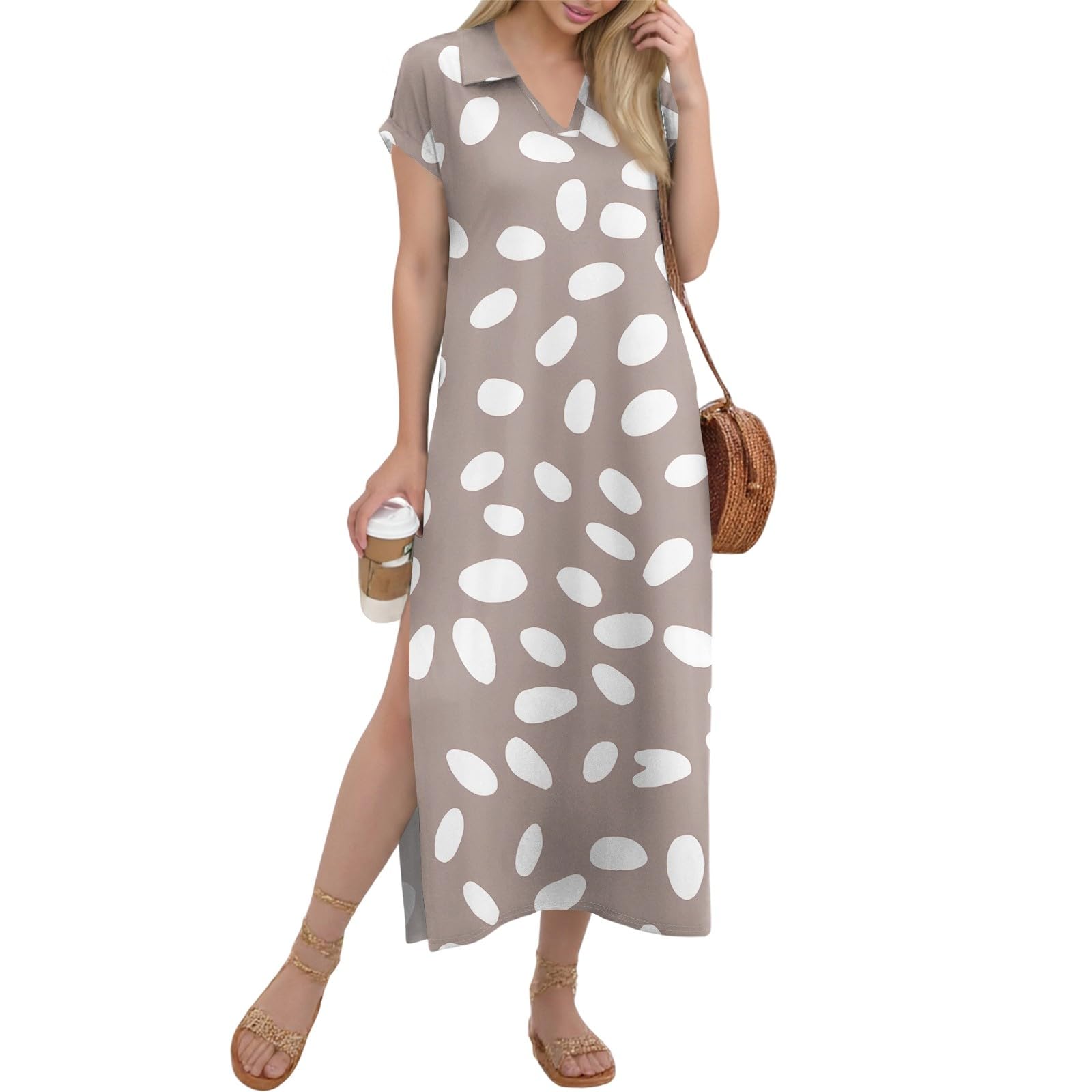 Blusenkleid Damen Lang Mit Schlitz Blumen Sommerkleid Damen A Linie Maxikleider V Ausschnitt Kurzarm Sommerkleider Leicht Und Luftig Strandkleid Kleider Mit Kragen Boho Kleid Frauen Sommer