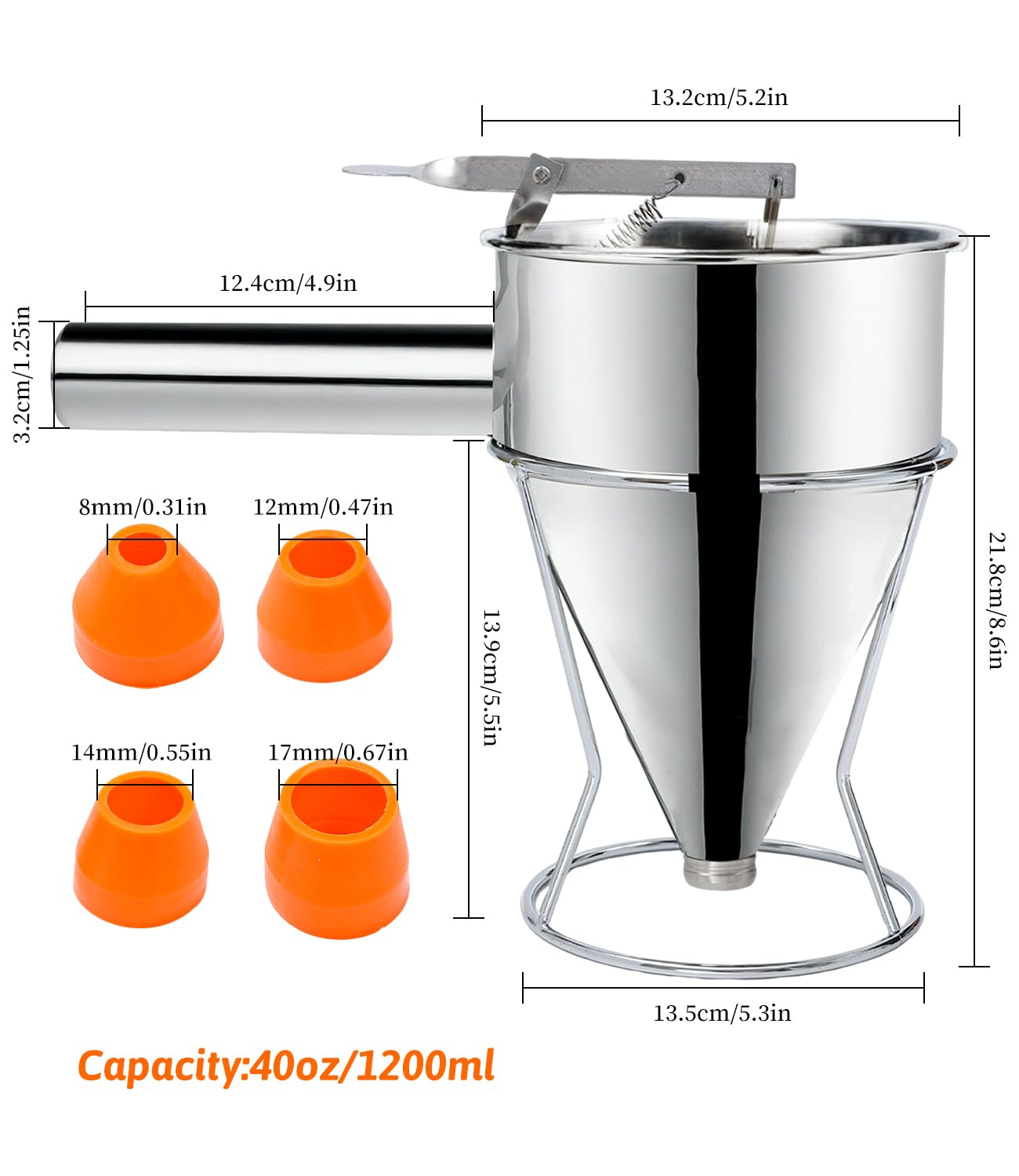 Imbuto Cucina, 1200ml Imbuto per Pasticceria da Cucina in Acciaio Inox, Dosatore per Impasti con Supporto e 4 beccucci in silicone per Torte, Frittelle, Dessert, Waffle, Muffin