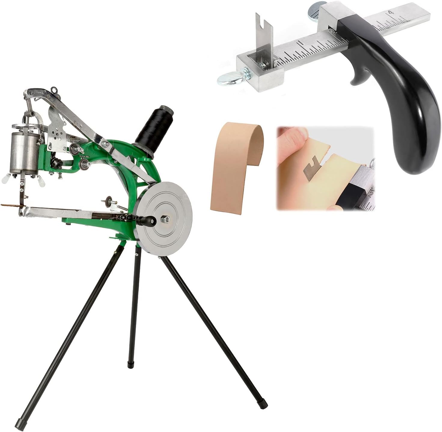 Bundle Green Leather Cobbler Sewing Machine Industrial Hand with Needles + Leather