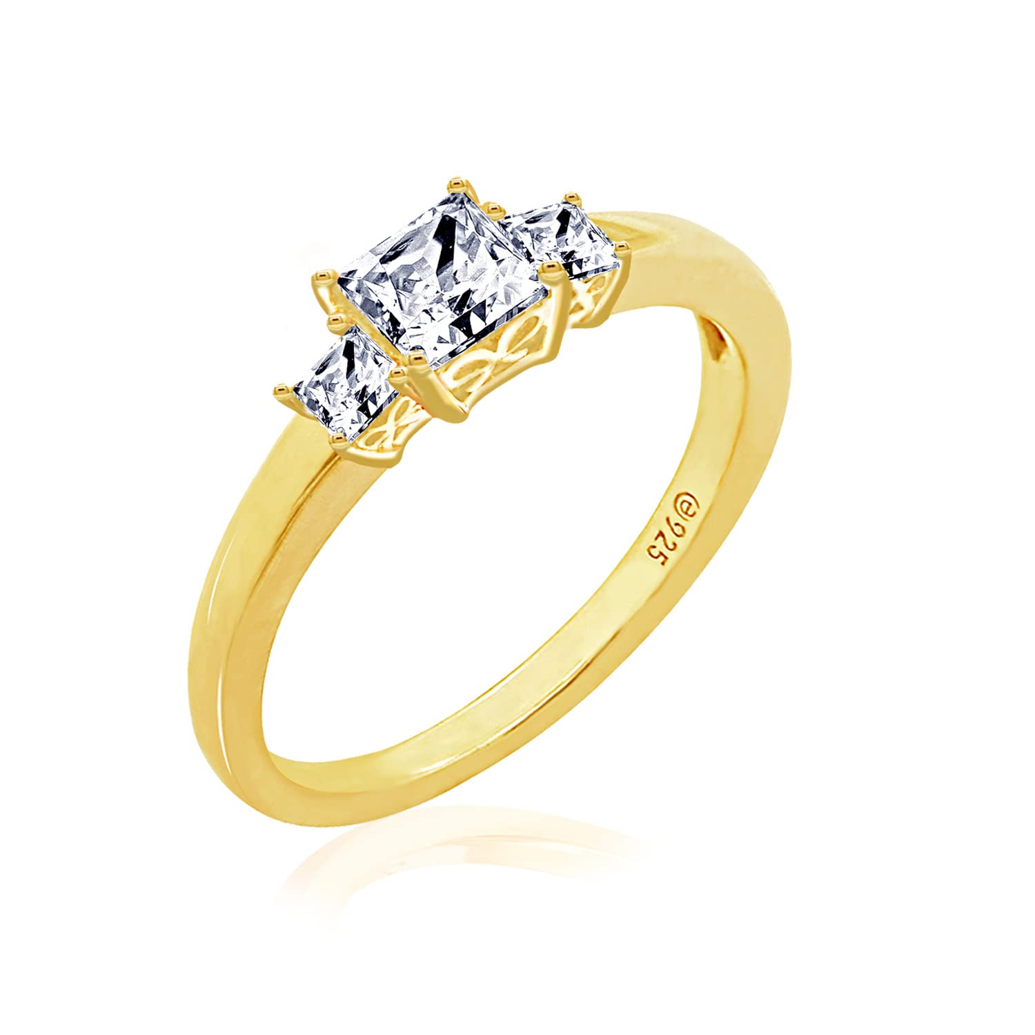 Platinum or Gold Plated Sterling Silver Princess-Cut 3-Stone Ring made with Infinite Elements Zirconia